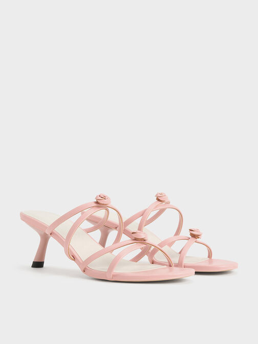 Rose-Embellished Slant-Heel Strappy Mules, Pink, hi-res