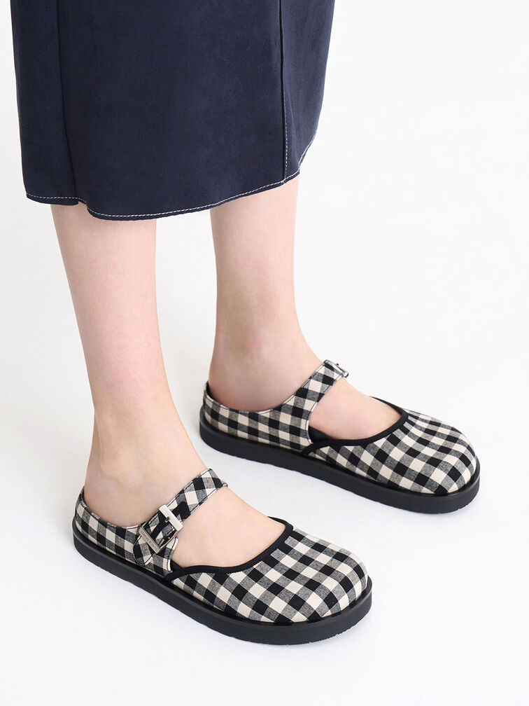 Gingham Buckled Flat Mules, , hi-res