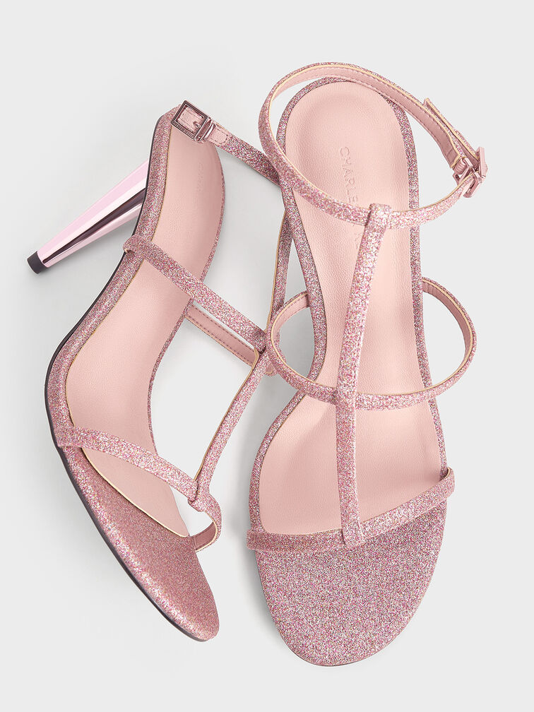 Glittered T-Bar Ankle-Strap Sandals, Pink, hi-res