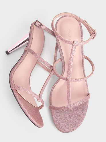 Glittered T-Bar Ankle-Strap Sandals, Pink, hi-res
