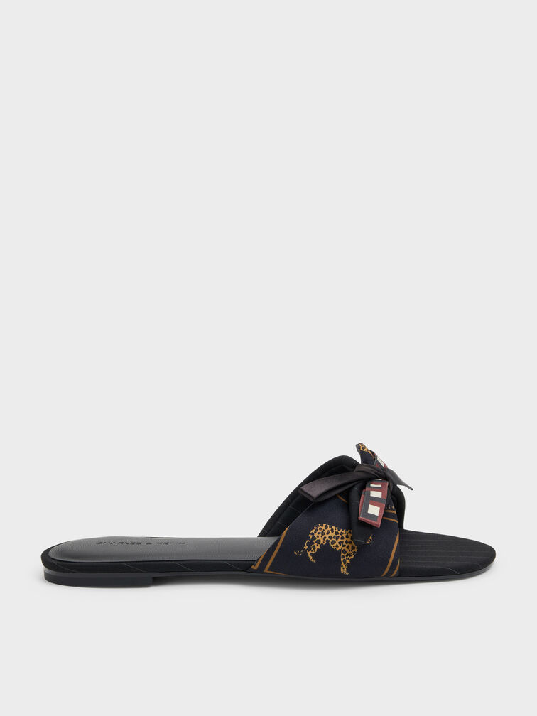 Satin Printed-Bow Slide Sandals, Black Textured, hi-res