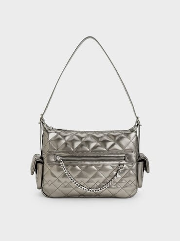 Duo Metallic Quilted Shoulder Bag, Pewter, hi-res