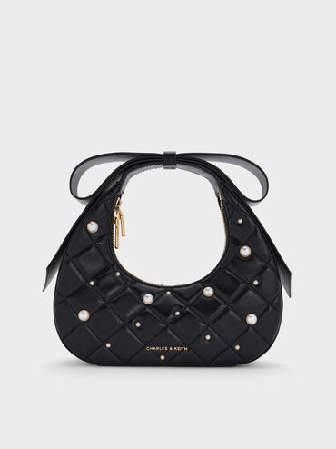 Janie Quilted Pearl Bow-Handle Bag, Black, hi-res