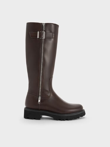 Lyndon Buckled Side-Zip Knee-High Boots, Dark Brown, hi-res