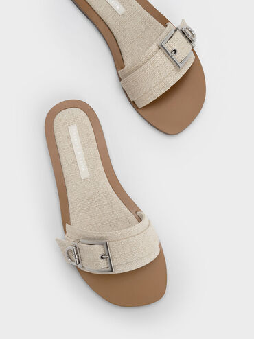 Linen Metallic Buckle Slides, สีเบจ, hi-res
