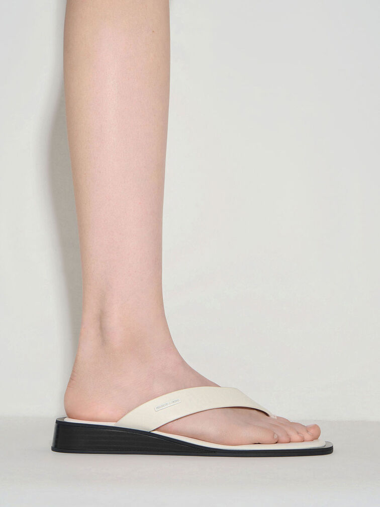 V-Strap Wedge Thong Sandals, Cream, hi-res