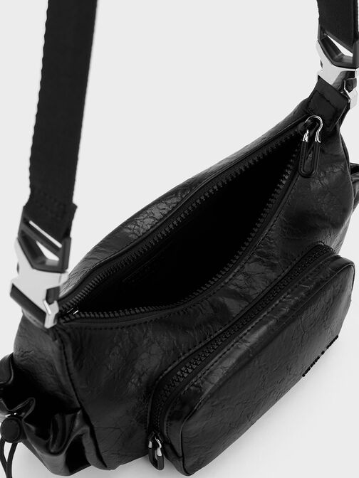 Soleil Crinkle-Effect Shoulder Bag, สีดำอะไหล่สีเงิน, hi-res