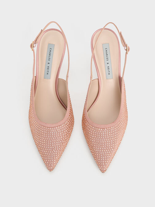 Satin Crystal-Embellished Slingback Pumps, Nude, hi-res