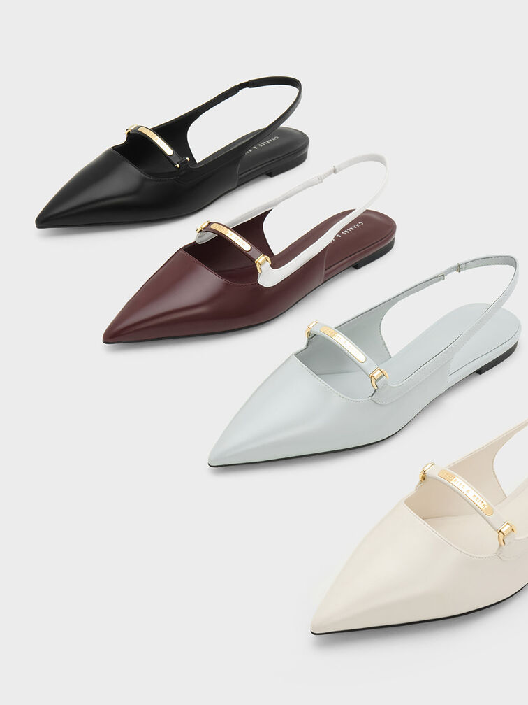 Metallic Bar Accent Slingback Flats, สีดำ, hi-res