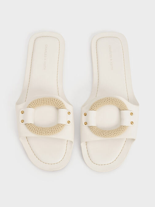 Raffia Ring Slide Sandals, White, hi-res