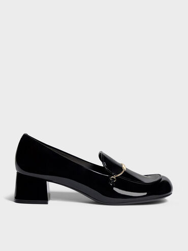 Lexie Chain-Link Heeled Loafers, หนังเงาสีดำ, hi-res