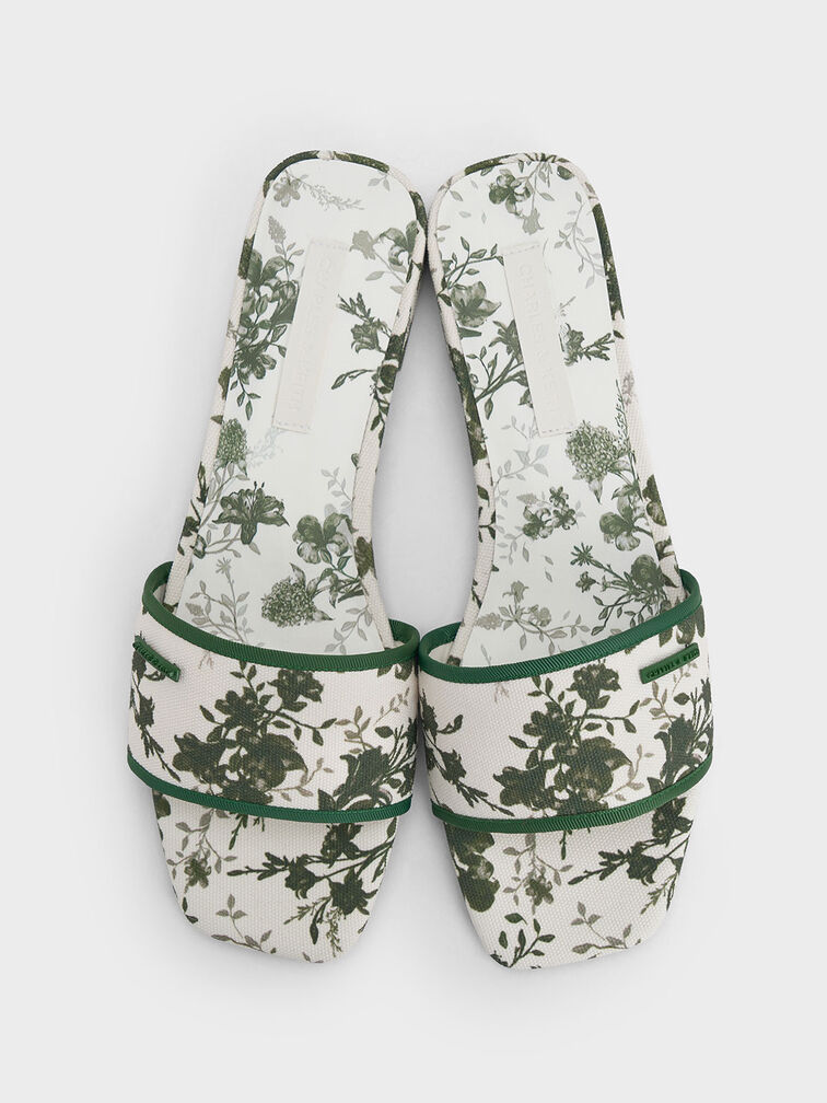 Floral-Print Slide Sandals, Green, hi-res