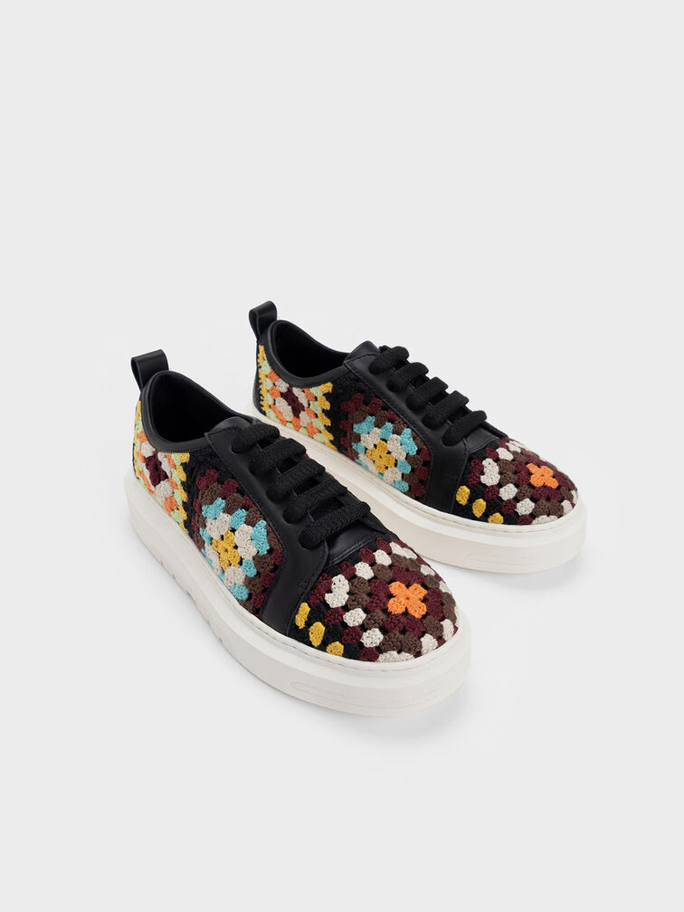 Floral Crochet & Leather Sneakers, , hi-res