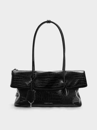 Aveline Croc-Effect Front-Flap Shoulder Bag, Black Croco, hi-res