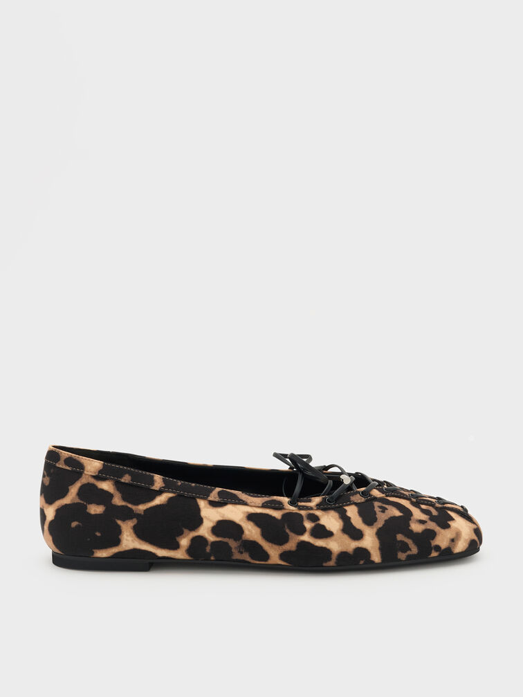 Leopard-Print Lace-Up Bow Ballet Flats, Animal Print Natural, hi-res