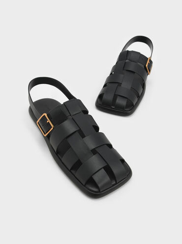 Metallic Buckle Caged Slingback Sandals, สีดำ, hi-res