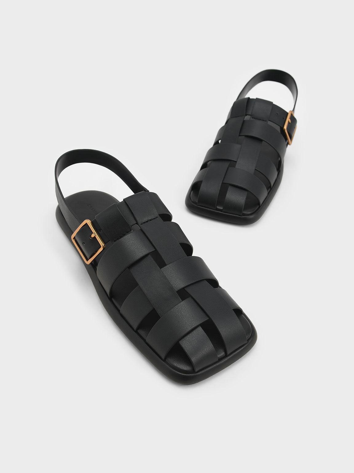 Metallic Buckle Caged Slingback Sandals, Black, hi-res