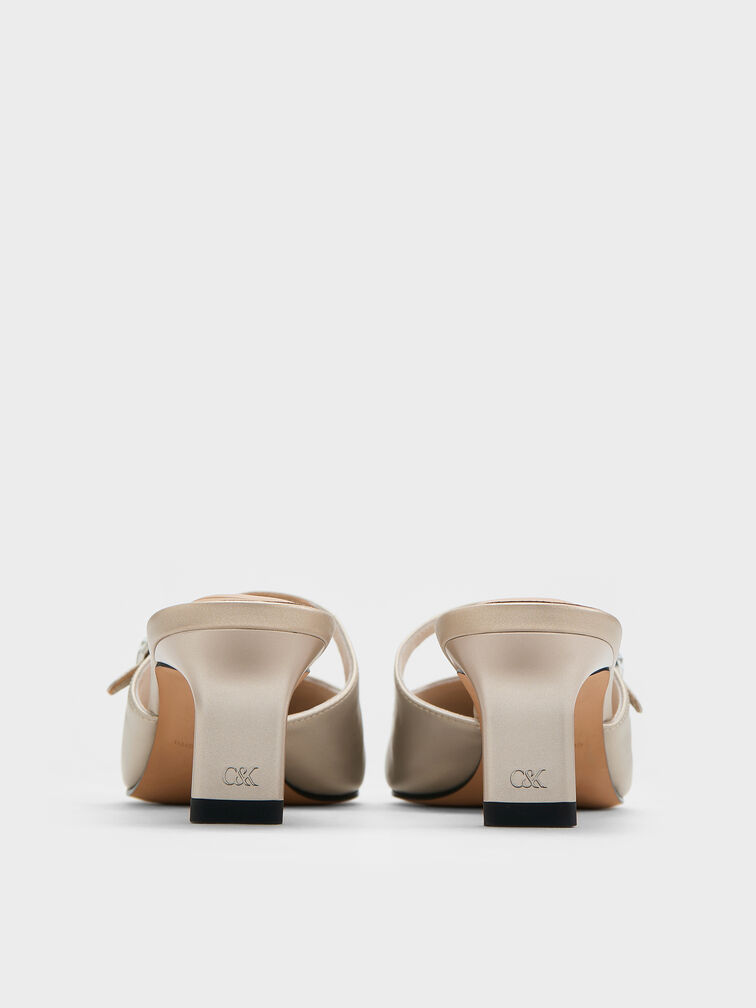 Pearlescent Leather Gem-Buckle Pointed-Toe Heeled Mules, Ivory, hi-res