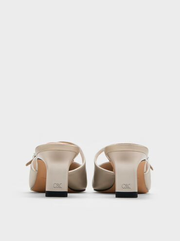 Pearlescent Leather Gem-Buckle Pointed-Toe Heeled Mules, Ivory, hi-res