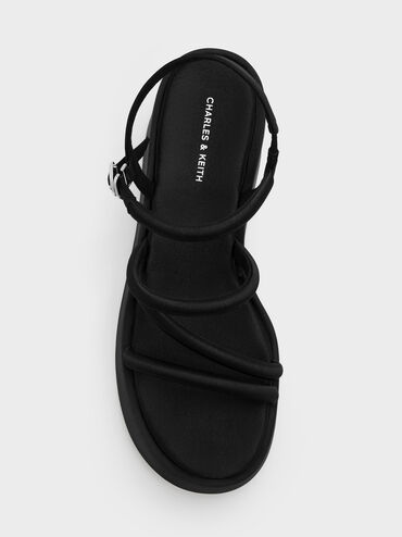 Lindon Satin Strappy Platform Wedges, Black Textured, hi-res