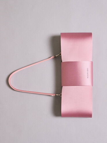 กระเป๋าสะพายไหล่ผ้าซาตินดีไซน์โบว์แบบยาว, สีฟลามิงโกพิงค์, hi-res