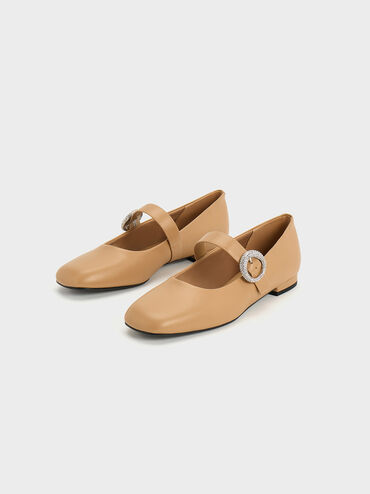 Crystal-Embellished Buckle Mary Jane Flats, Camel, hi-res