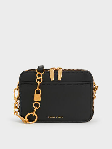 Lock & Key Chain Handle Bag, สีดำ, hi-res