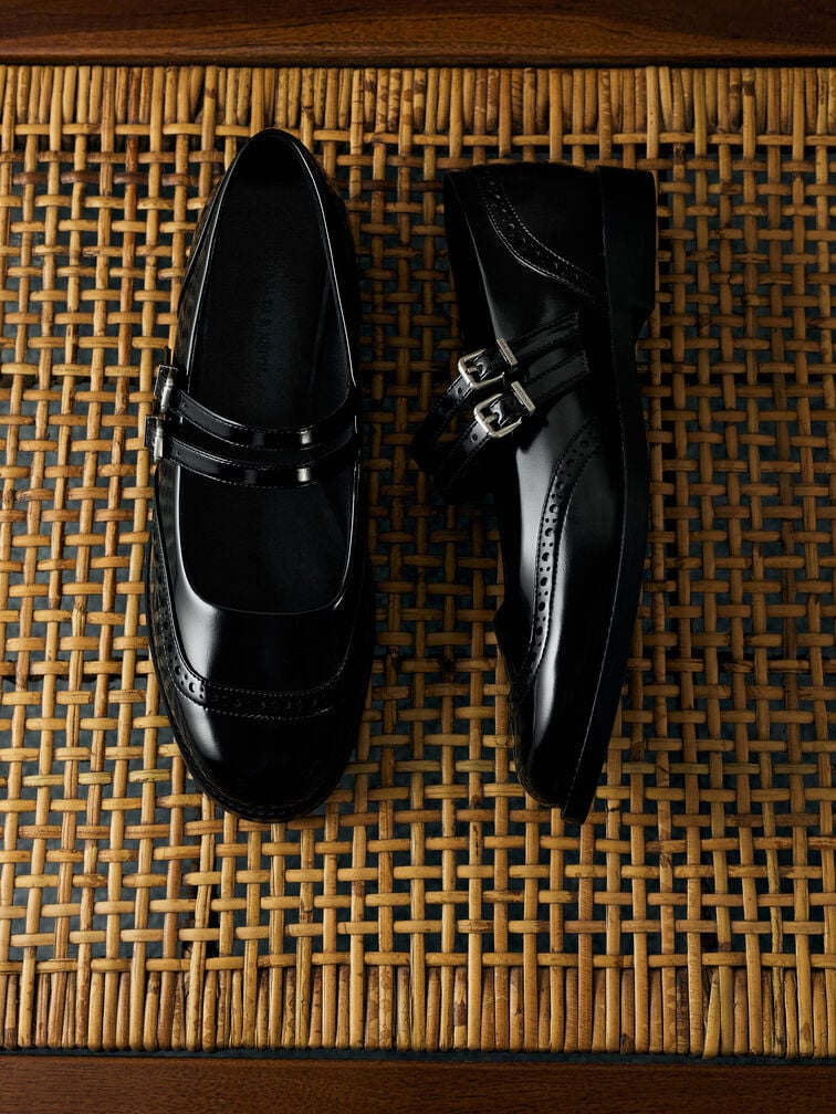 Double-Strap Brogue Mary Janes, Black Boxed, hi-res