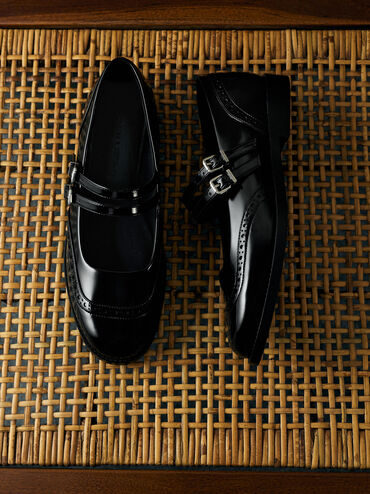 Double-Strap Brogue Mary Janes, Black Boxed, hi-res