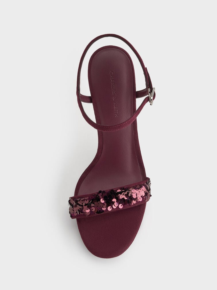 Sequinned Ankle-Strap Stiletto Sandals, Burgundy, hi-res