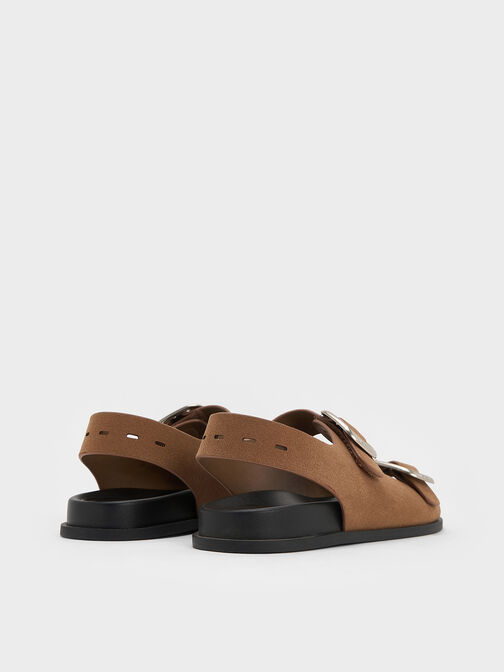 Suede Buckled Double-Strap Slingback Sandals, Brown, hi-res