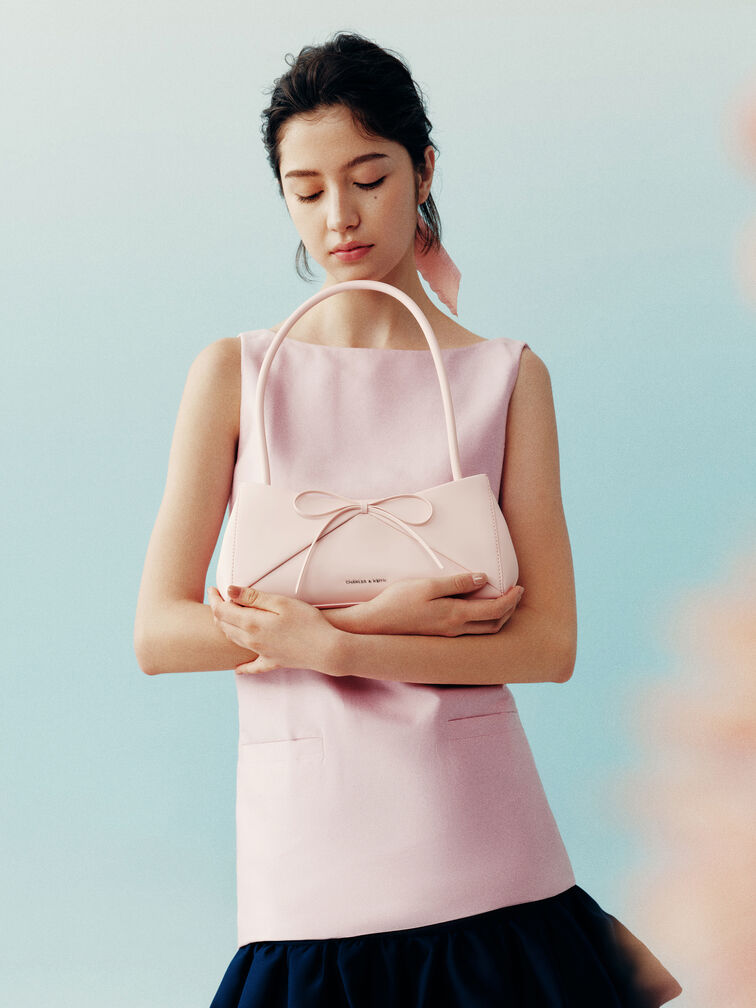 Hazel Bow Panelled Shoulder Bag, Soft Pink, hi-res