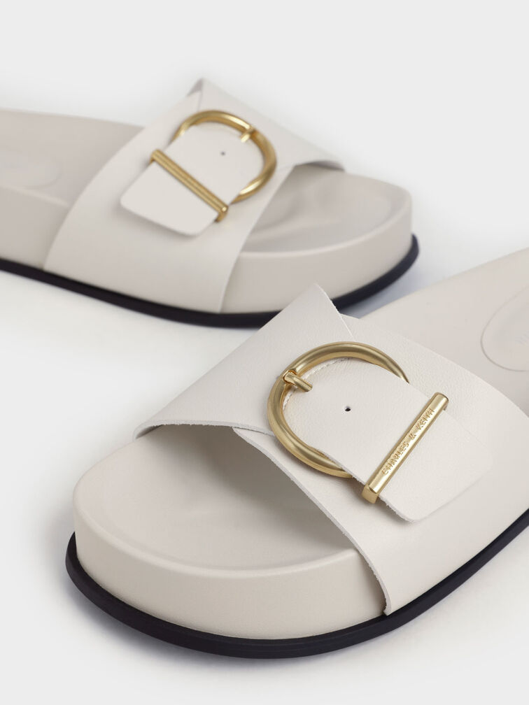 Metallic Buckle Flatform Sandals, , hi-res