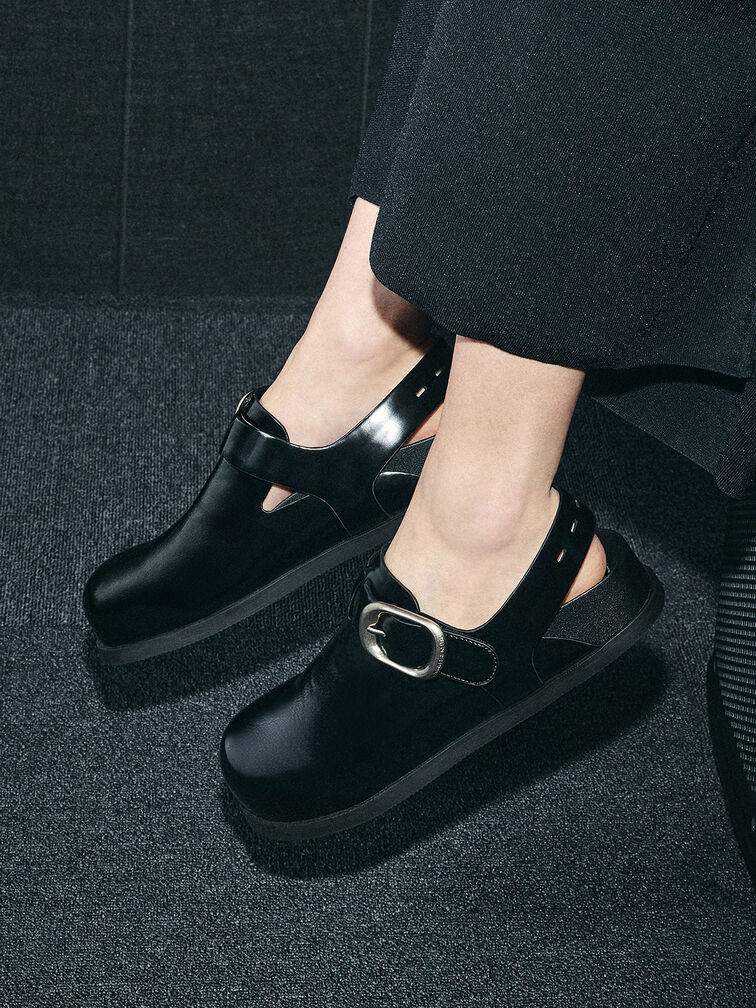 Buckled Slingback Mules, Black Boxed, hi-res