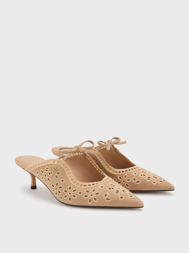 Leather Embroidered Heeled Mules, Beige, hi-res