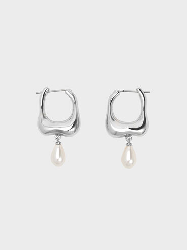 Corrine Teardrop Pearl Hoop Earrings, Silver, hi-res