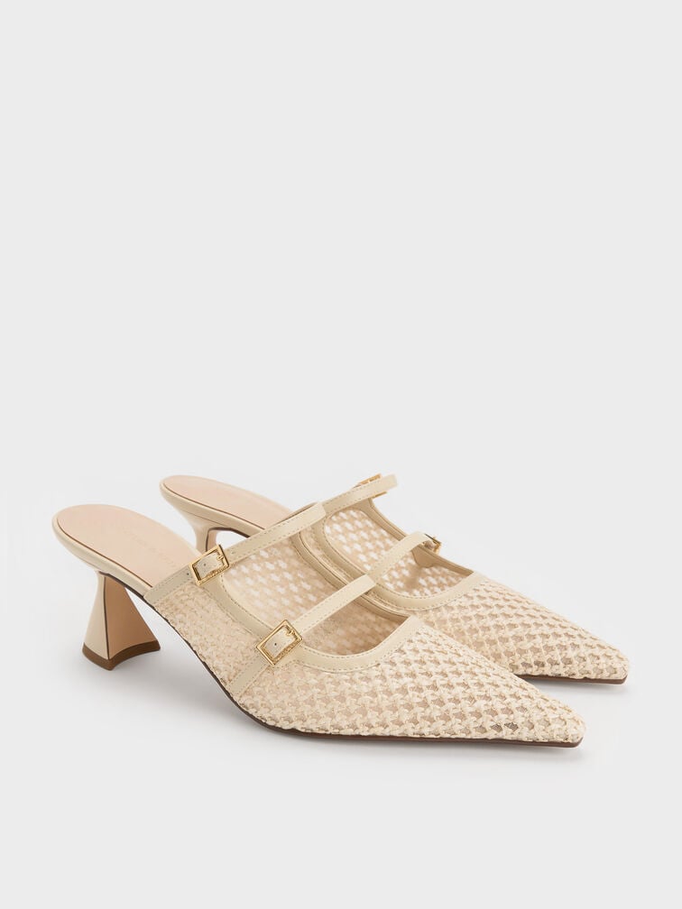 Raffia Sculptural-Heel Pointed Mules, Beige, hi-res
