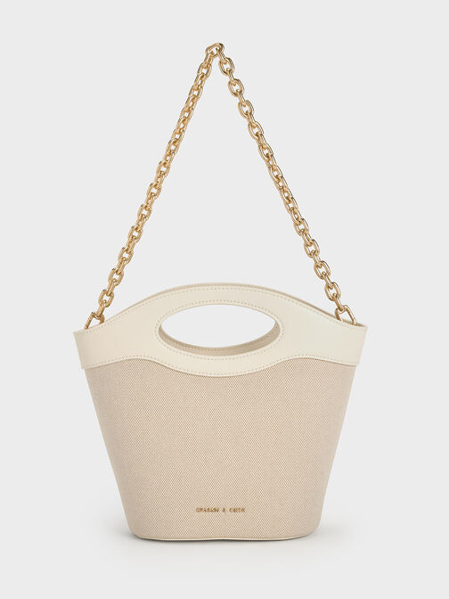 Canvas Chain-Link Curved-Handle Bucket Bag, Cream, hi-res