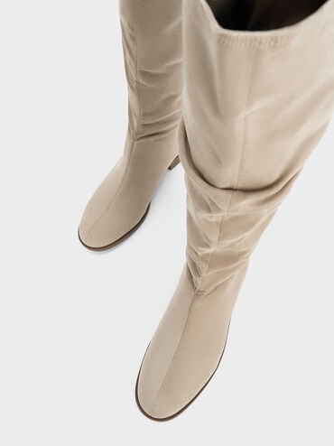 Textured Ruched Knee-High Boots, Taupe, hi-res