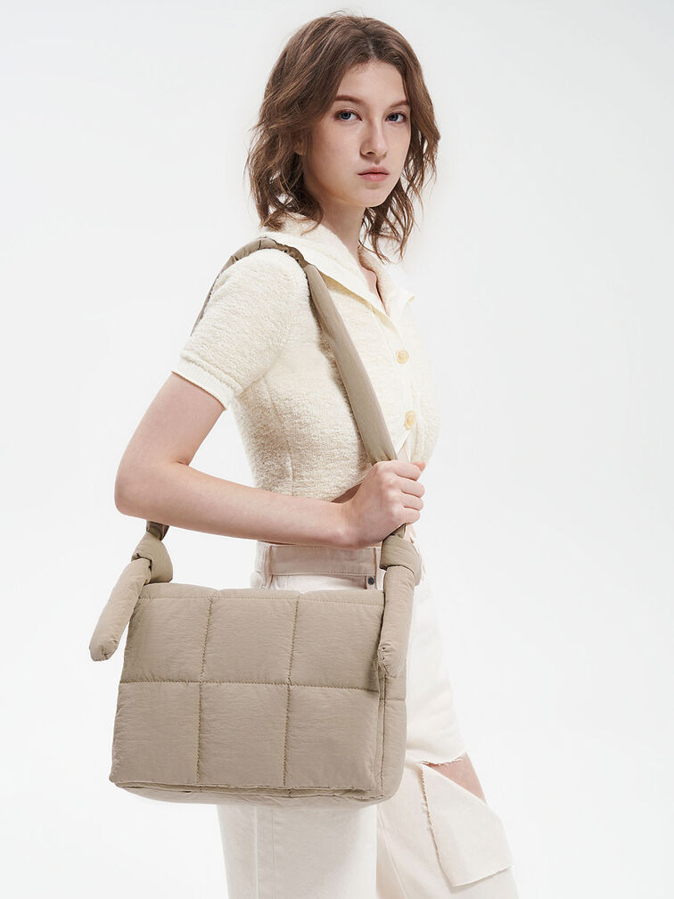 Errya Nylon Quilted Puffy Crossbody Bag, สีโทป, hi-res