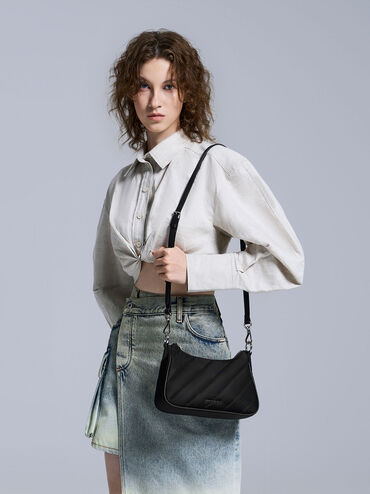 กระเป๋าสะพายข้างผ้าไนลอนแบบสายโซ่รุ่น Philomena, สีดำอะไหล่สีเงิน, hi-res