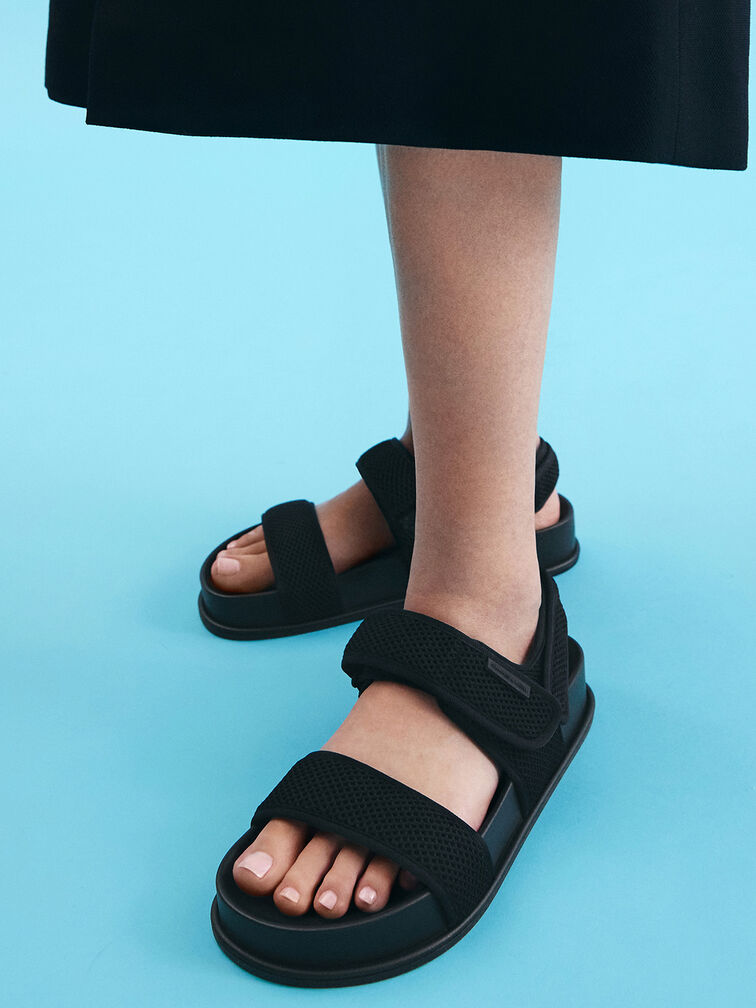 Mesh Double-Strap Slingback Sandals, Black Textured, hi-res