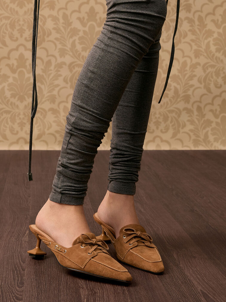 Kori Suede Lace-Up Sculptural-Heel Mules, Cognac, hi-res