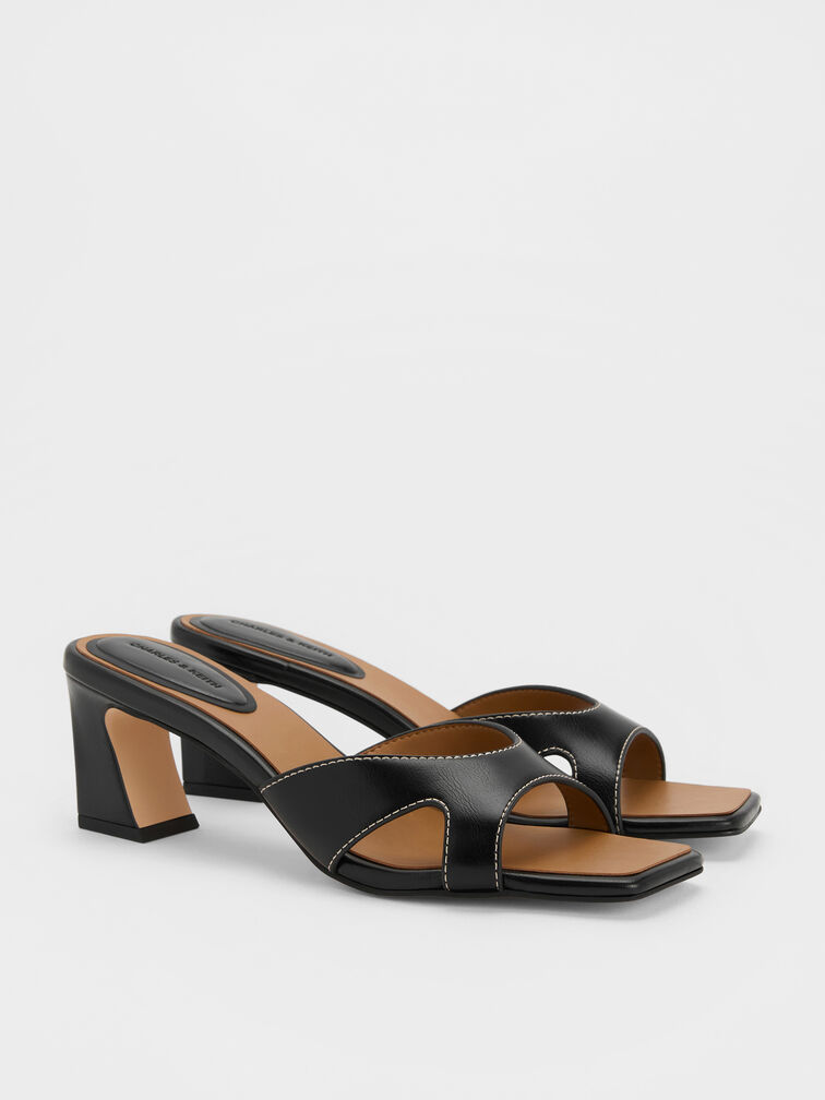 รองเท้าส้นสูงแบบเปิดส้นหัวรองเท้าแบบเหลี่ยมดีเทลคัตเอาท์, สีดำ, hi-res