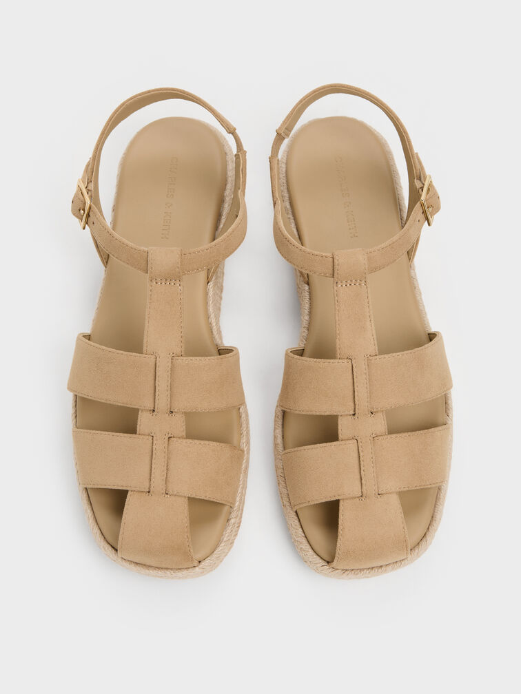 Faux Suede Caged Flatform Espadrille Sandals, Sand, hi-res