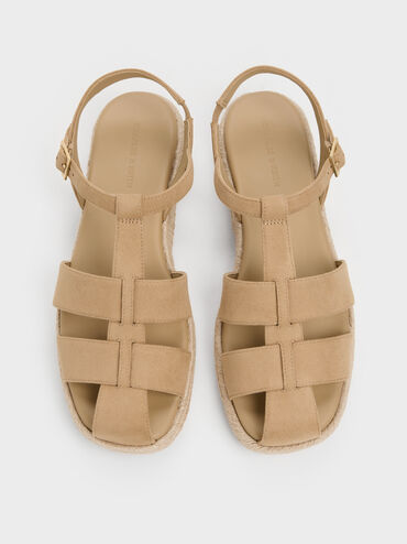 Faux Suede Caged Flatform Espadrille Sandals, Sand, hi-res