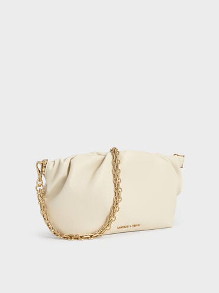 Brigette Ruched Chain-Handle Clutch, Cream, hi-res