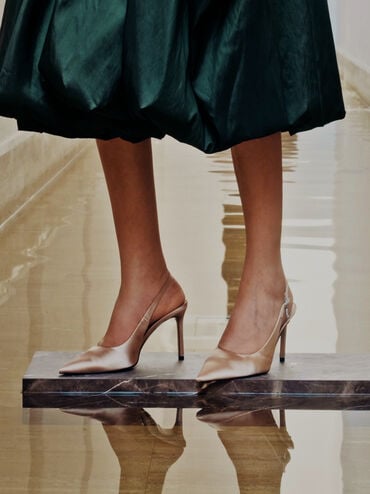Satin Teardrop-Crystal Stiletto-Heel Slingback Pumps, Gold, hi-res