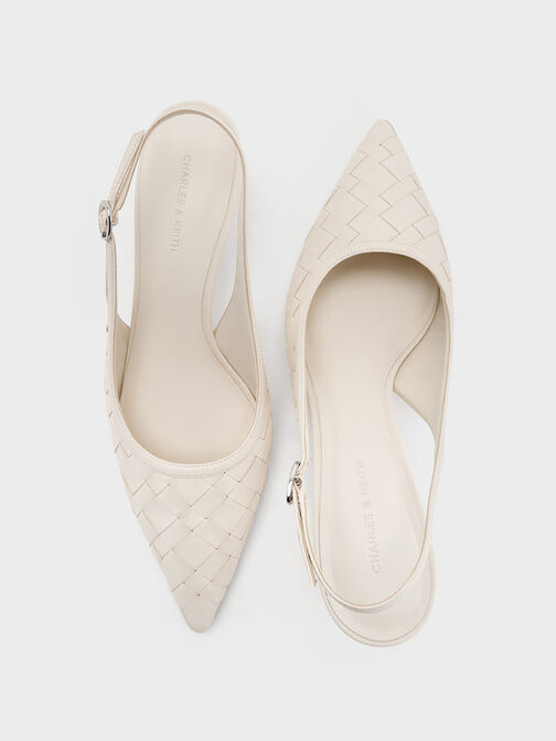 Woven Pointed-Toe Slingback Pumps, Chalk, hi-res