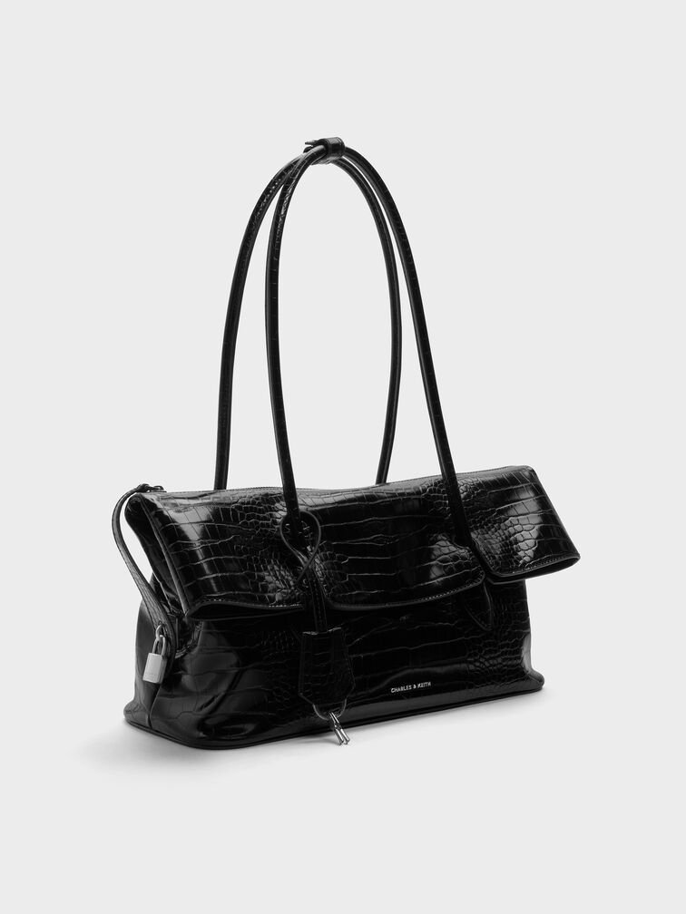 Aveline Croc-Effect Front-Flap Shoulder Bag, Black Croco, hi-res
